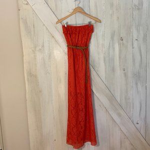 Orange Strapless Lace Maxi-Dress